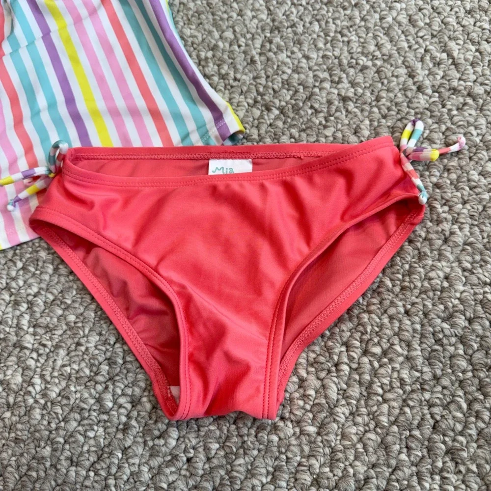 Mia & Miles Girls Rainbow Stripe Tankini Two Piece Swimsuit‎ Coral Pink Size 6